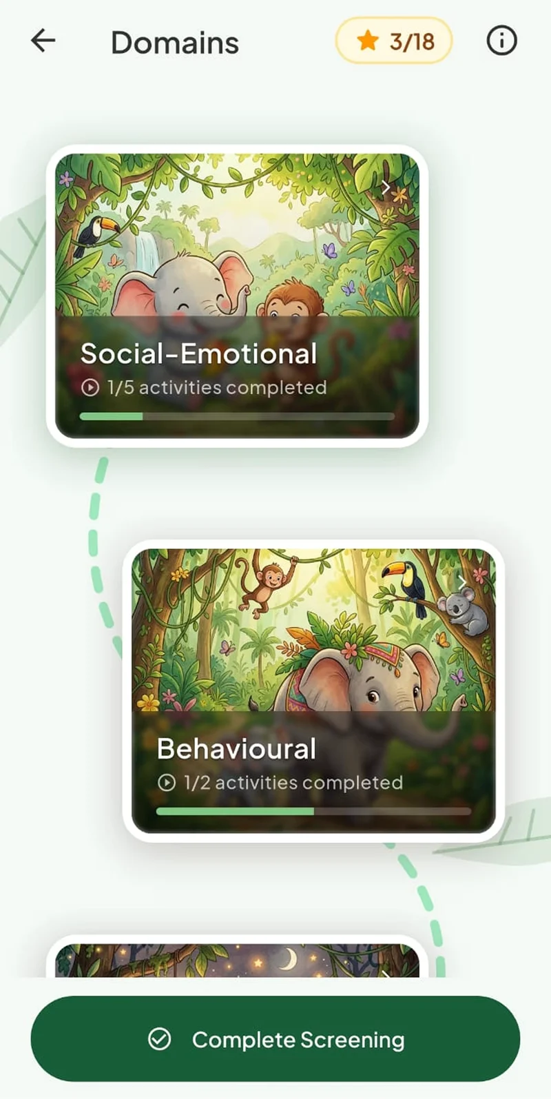 The Domains screen: Social-Emotional and Behavioural domain cards, each with an activity completion bar