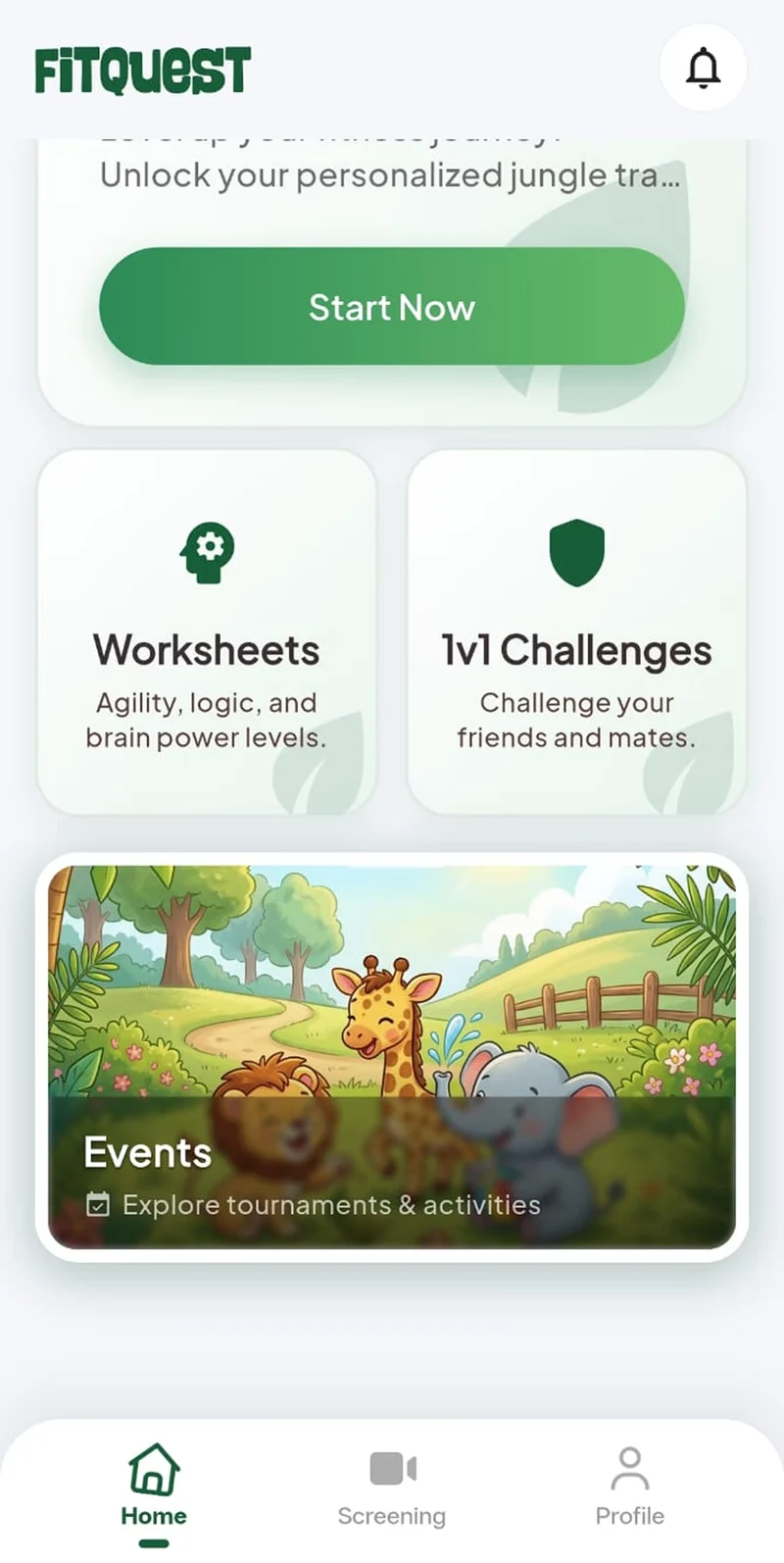 The FitQuest home screen: a Start Now card, tiles for Worksheets and 1v1 Challenges, and an Events card