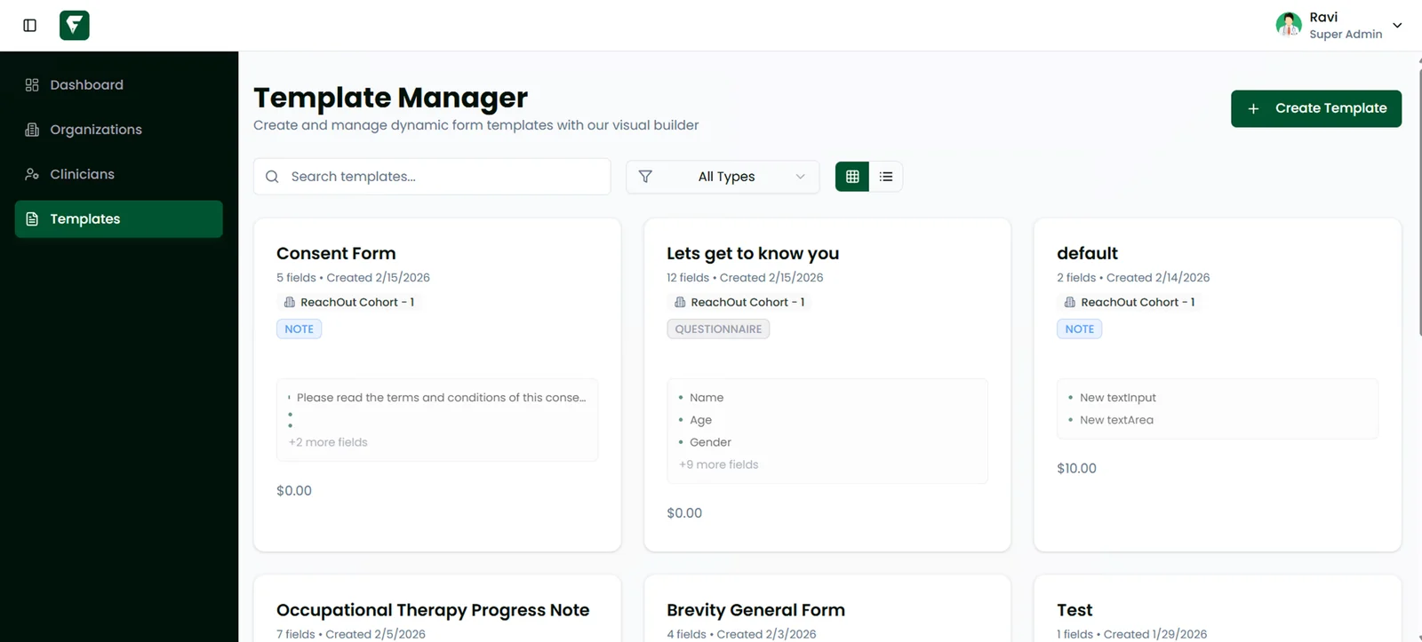Template Manager listing form templates such as a consent form, an intake questionnaire and an occupational therapy progress note, each with its field count