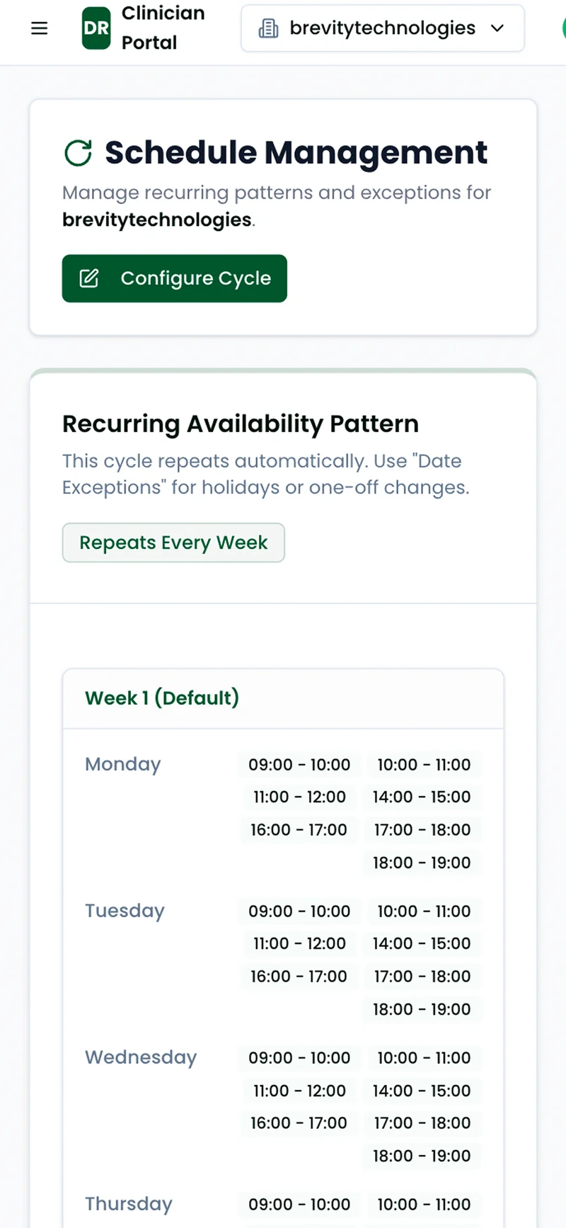 Clinician Portal on a phone: recurring availability pattern with hourly slots per weekday