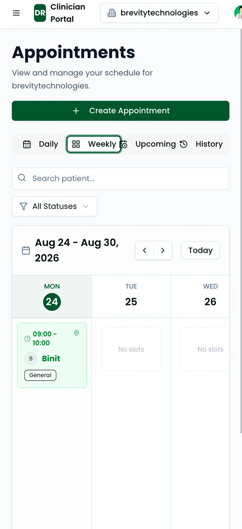 Clinician Portal on a phone: a weekly appointments view with one booked slot