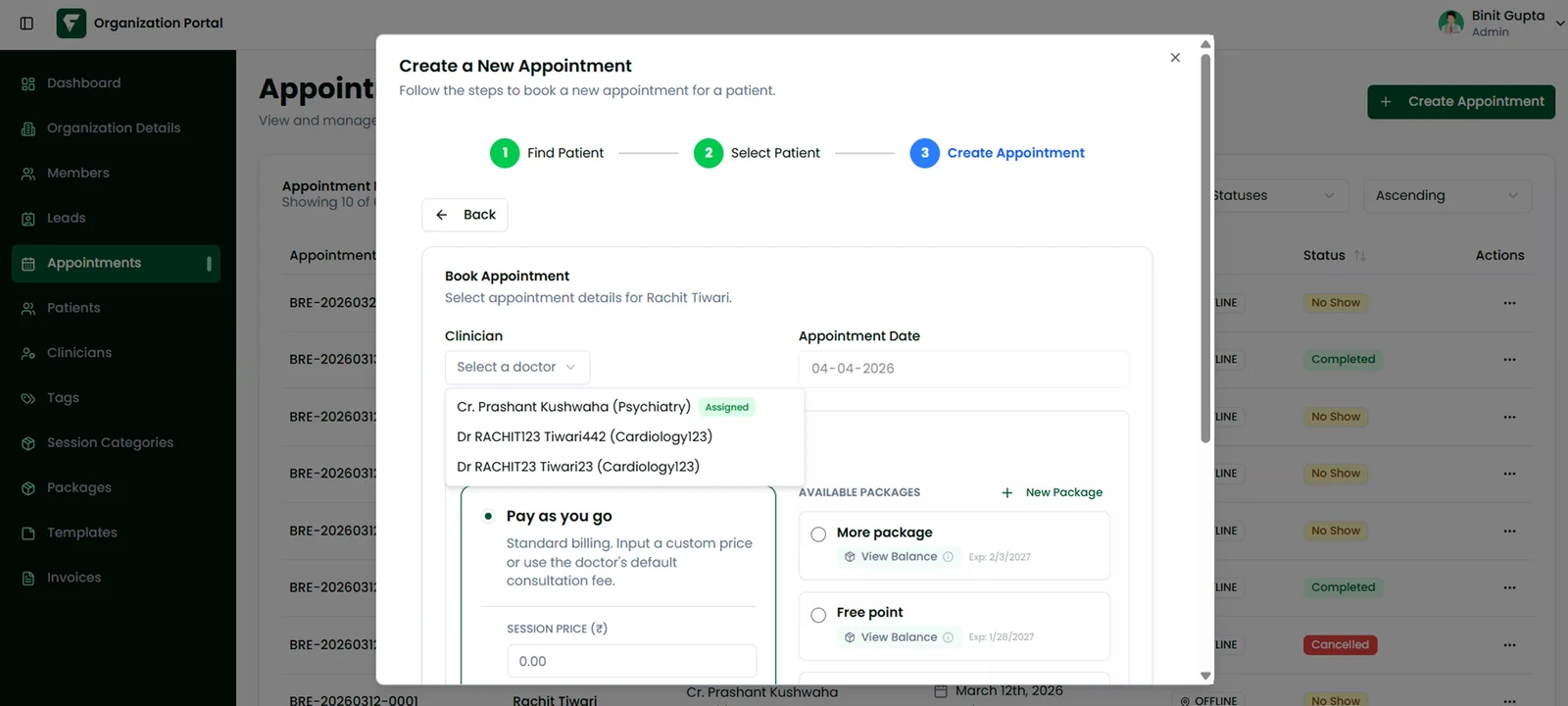 The three-step Create a New Appointment dialog: find patient, select patient, then choose clinician, date and billing by package or pay-as-you-go