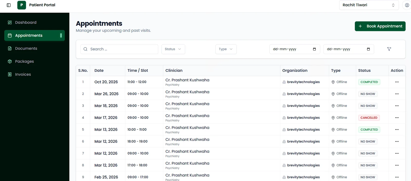 Patient Portal appointments table listing date, slot, clinician, organization and status for each visit