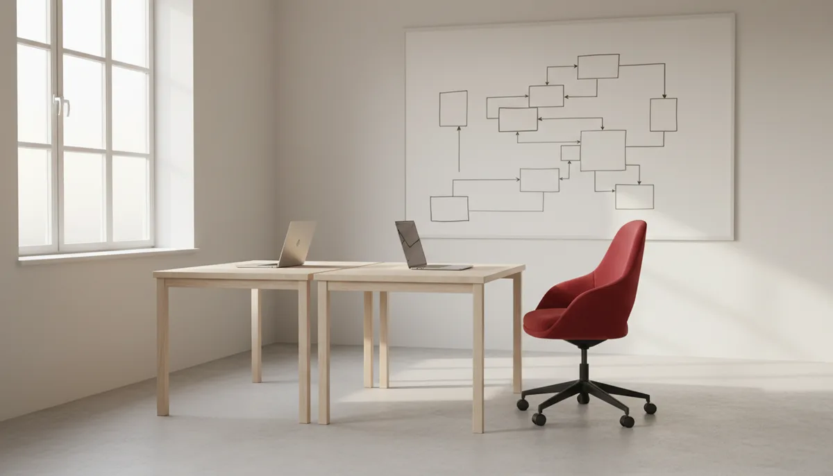 A small studio workspace with two desks, a whiteboard diagram and a red chair